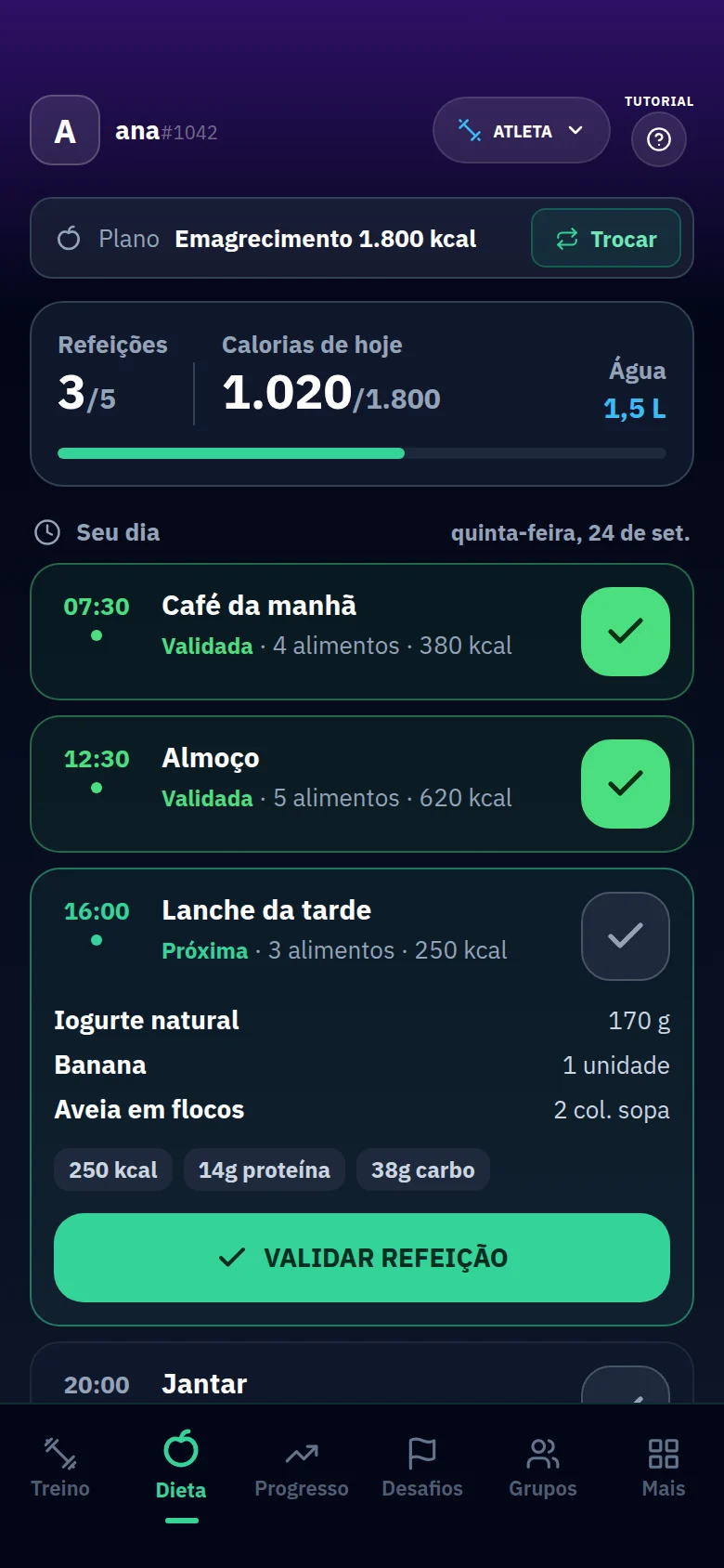 Tela Dieta do app do aluno